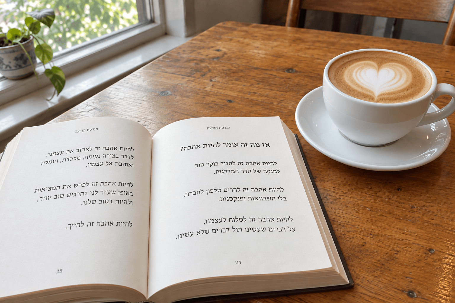 ספר פתוח עם קטע של ליאת כהנא על להיות אהבה, לצד קפה ואור מהחלון